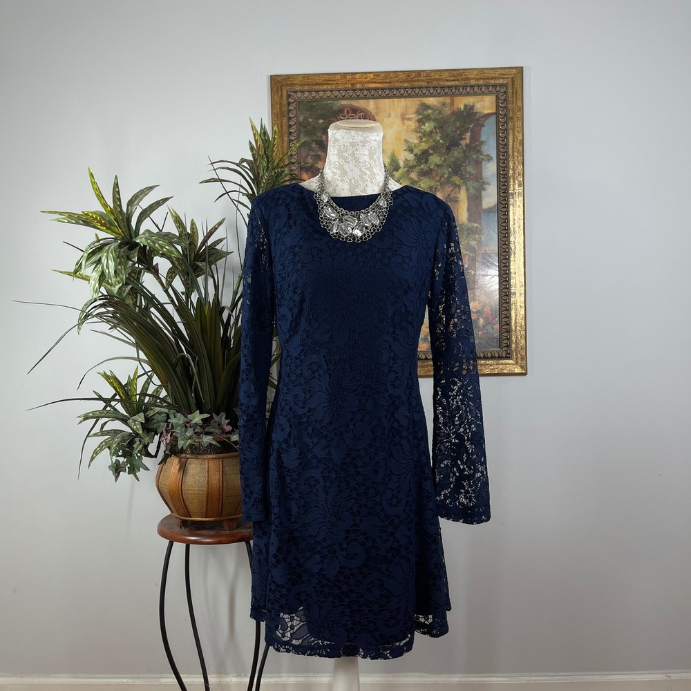 AB Studio Lace Dress Womens 10 Navy Blue Polyester Long Bell Sleeve Sheath